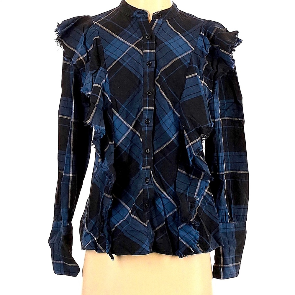 Maison Cinqcent button down flannel cotton long sleeve shirt ruffle plaid XS
